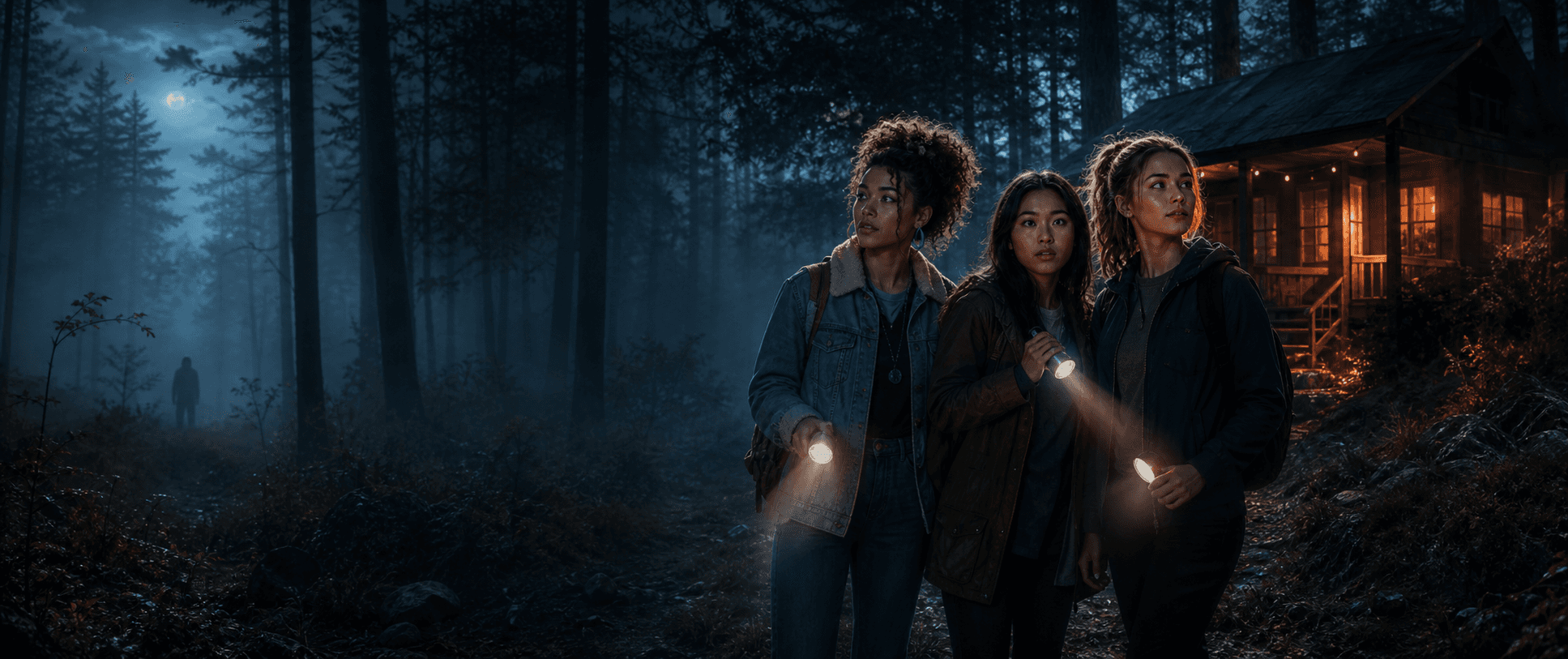 Three friends investigating a moonlit forest near a cabin
