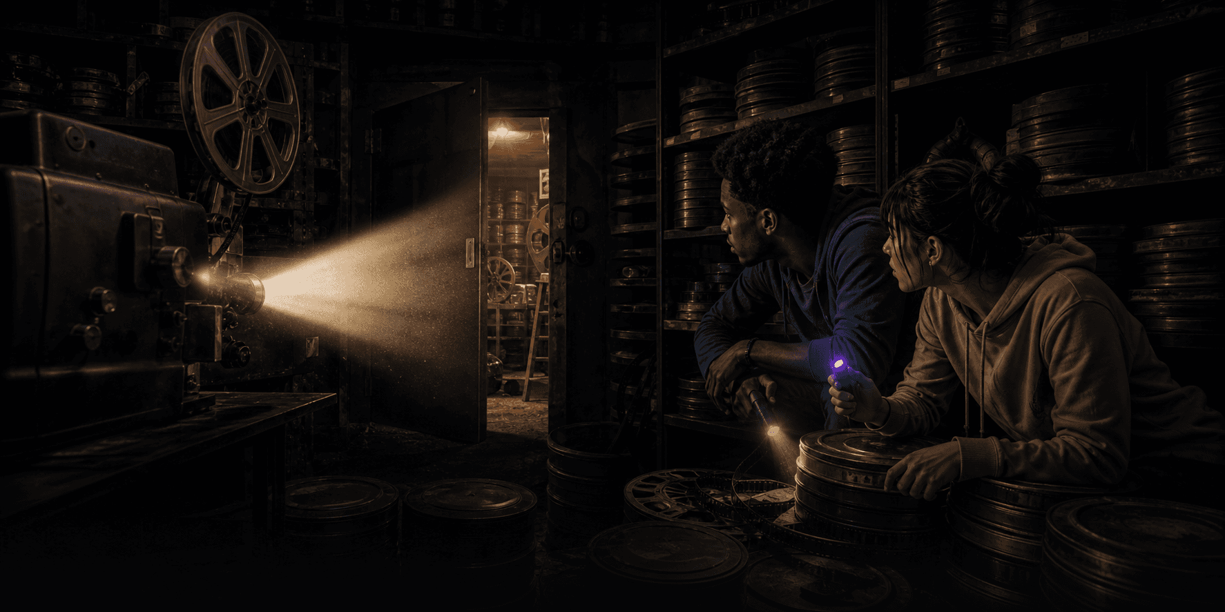 Two investigators searching an old film archive by projector light