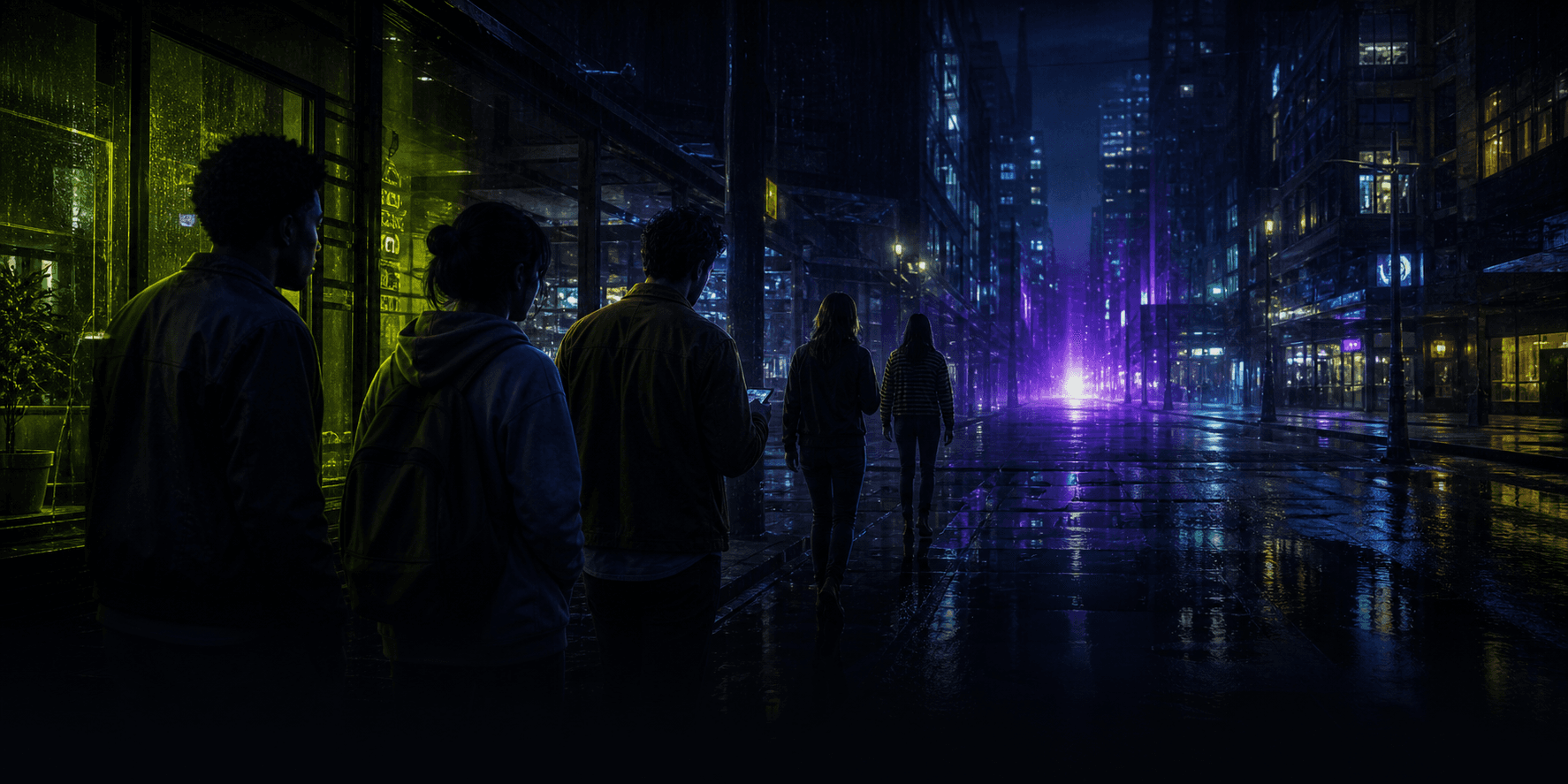 A group following a violet light through a rain-soaked city