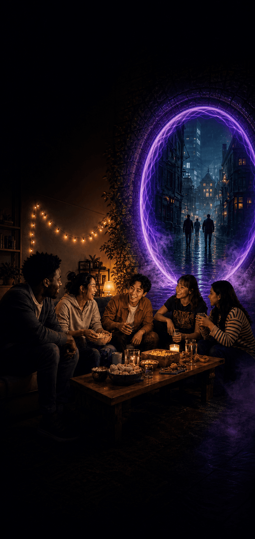 Friends gathered for movie night beneath a portal into a cinematic adventure