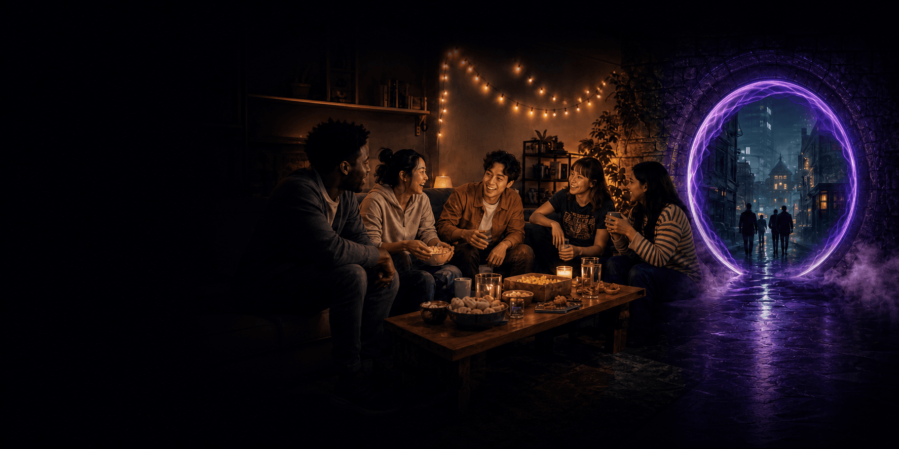 Friends at a movie night beside a glowing portal into a mystery city
