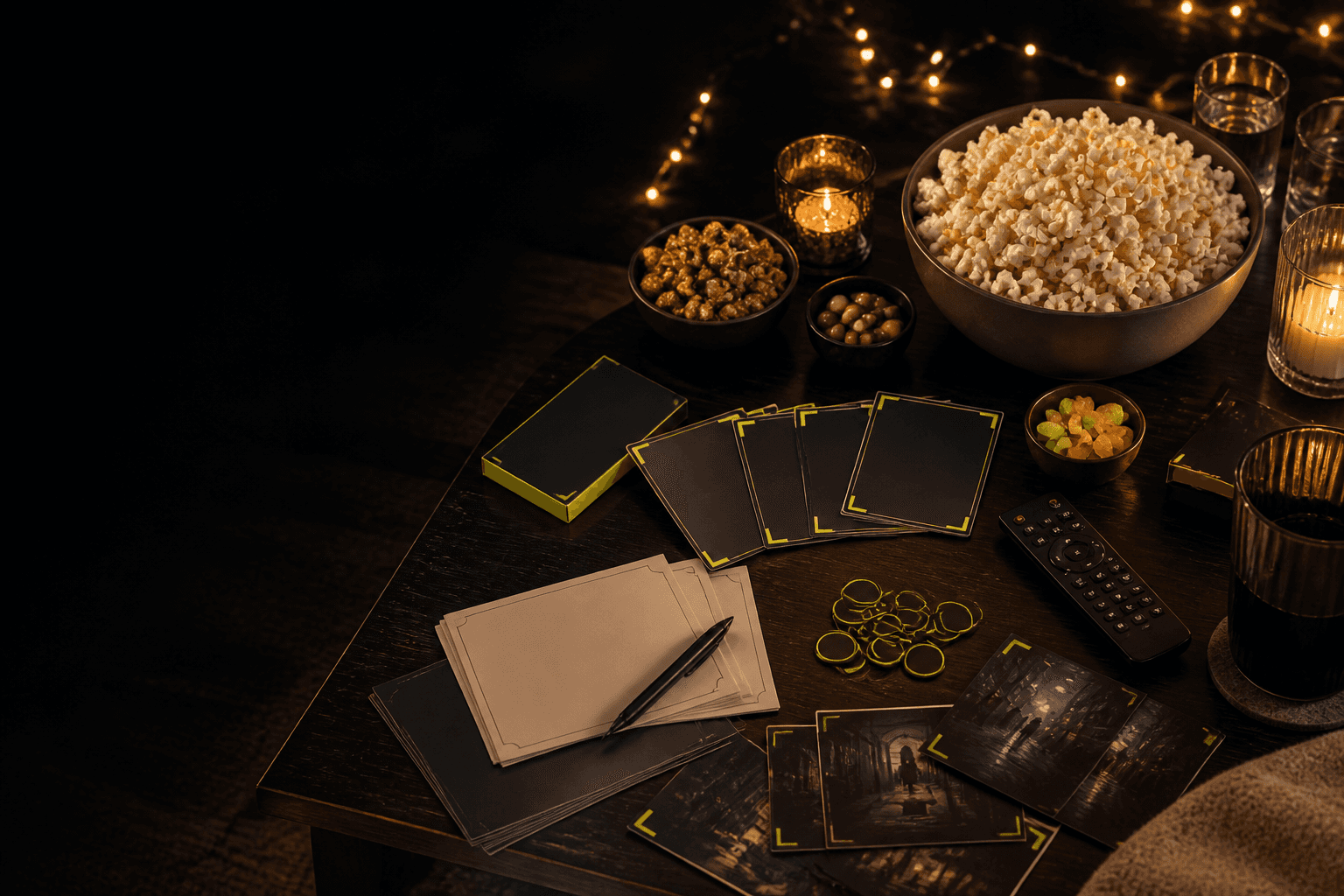 Popcorn, trivia cards, and supplies prepared for a themed movie night