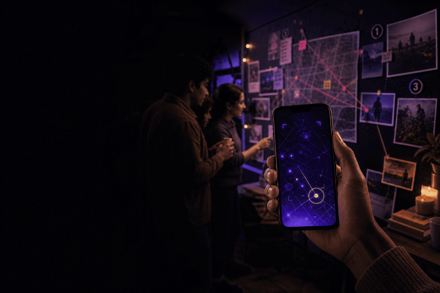 A phone displaying a mystery map beside friends investigating clues