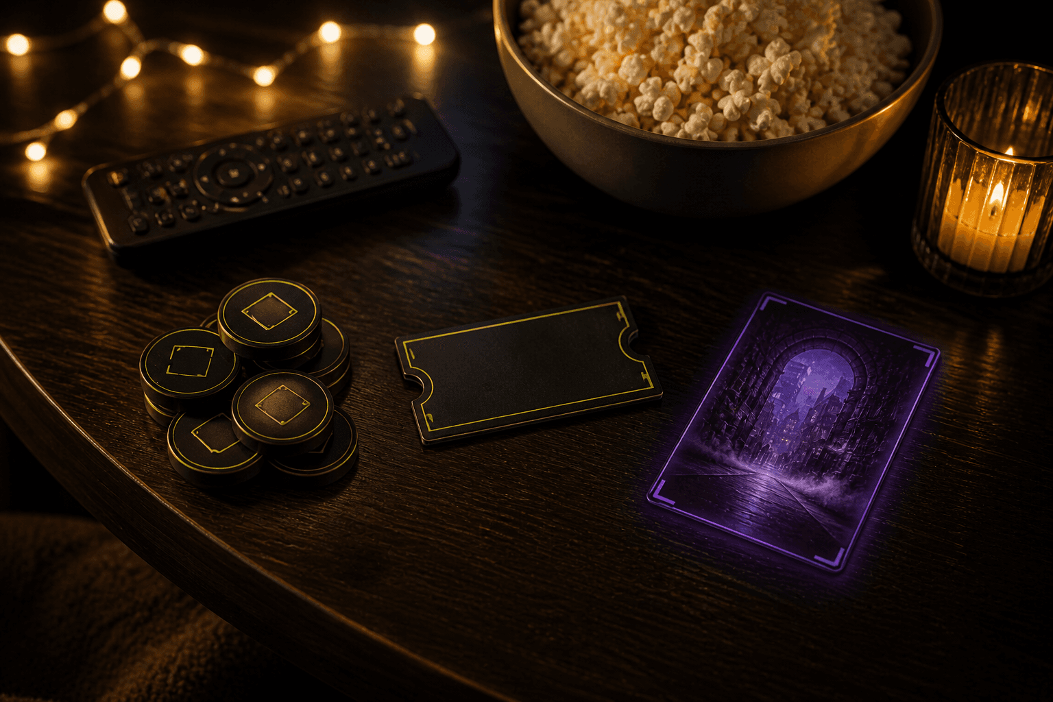 ReelQuest credit tokens, a movie-night ticket, and a glowing quest card arranged beside popcorn